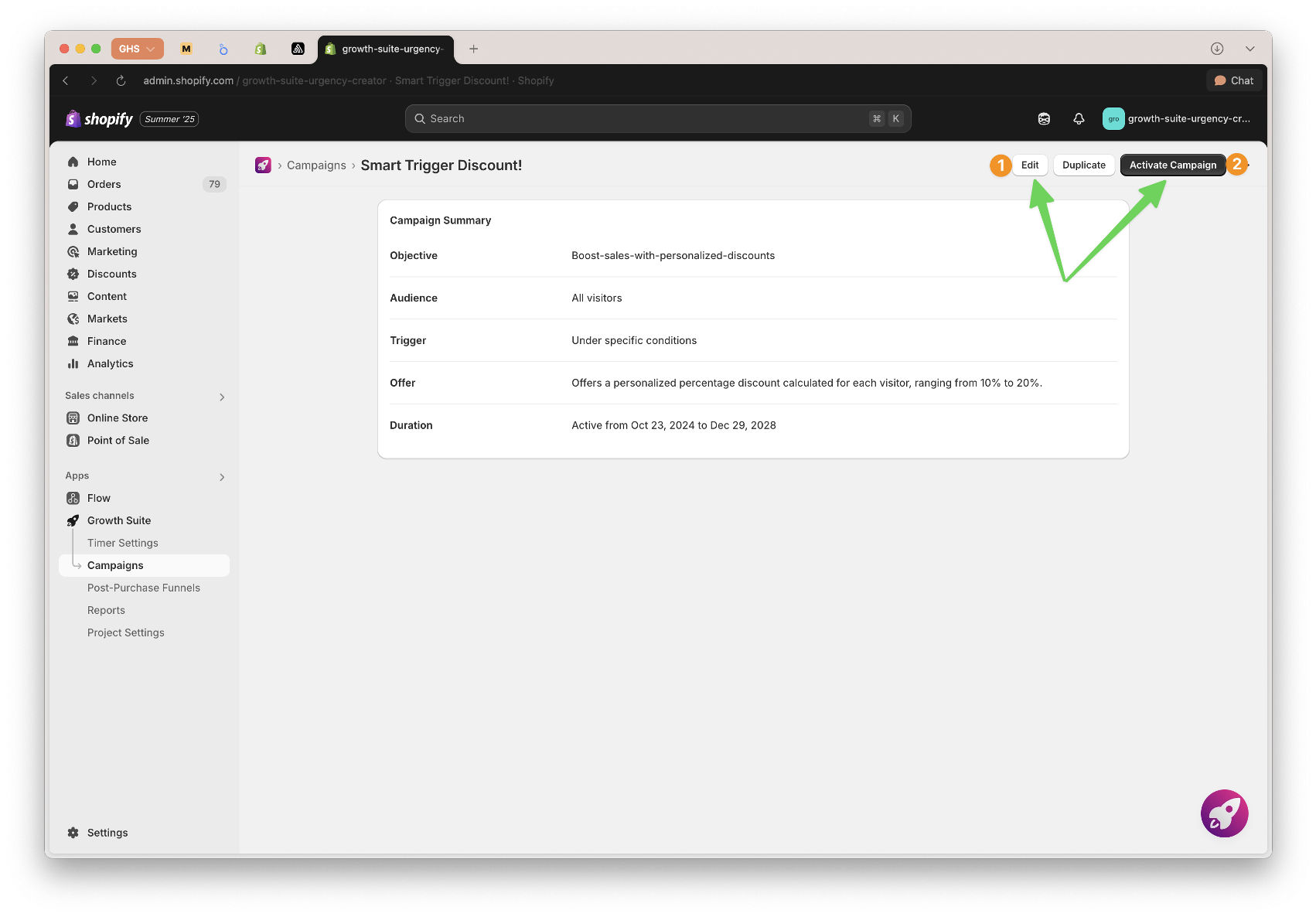 Growth Suite Shopify App Campaign Detail Screen